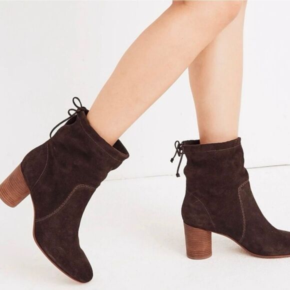 Madewell brown chocolate suede fold down tie back heeled bootie 7 - Picture 1 of 9